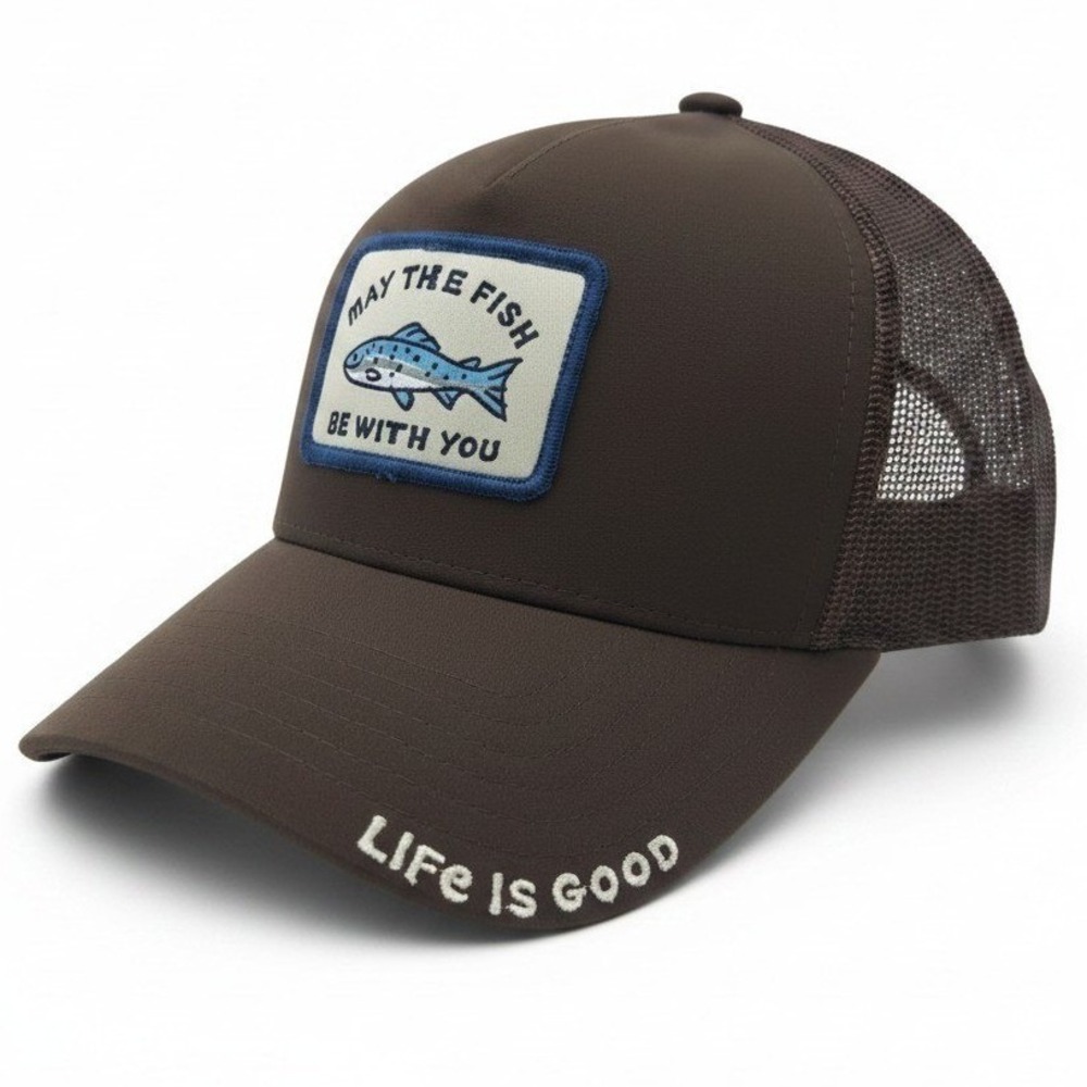 Life is Good Mens Brown May The Fish Be With You Trucker Hat UPF 50+ Snapback